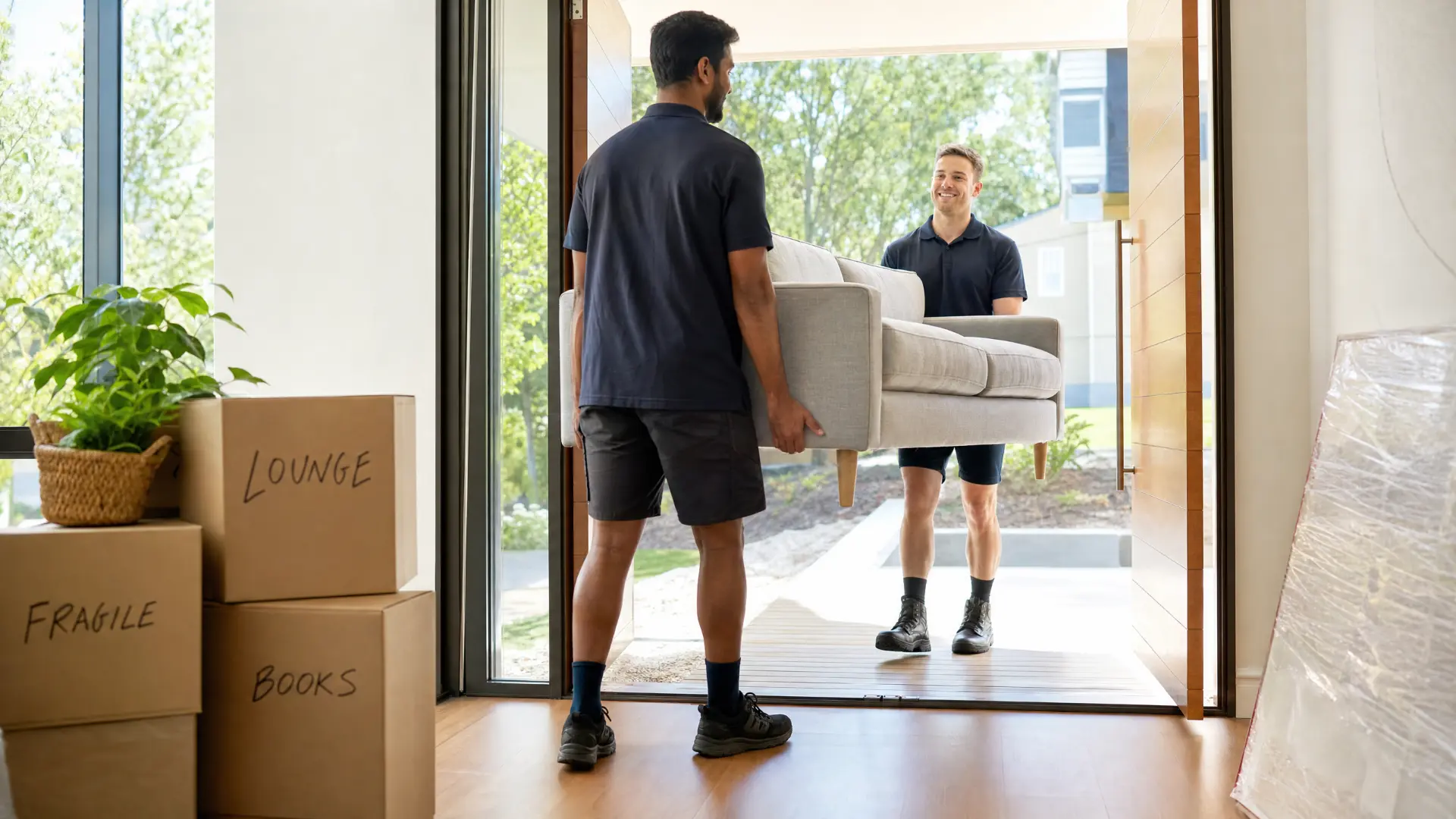 Two removalists carrying an armchair through the front doorway of a Hobart home past labelled moving boxes