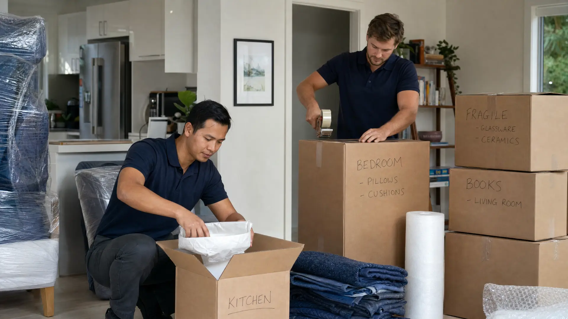 Two removalists wrapping and labelling cartons for an international move from Hobart