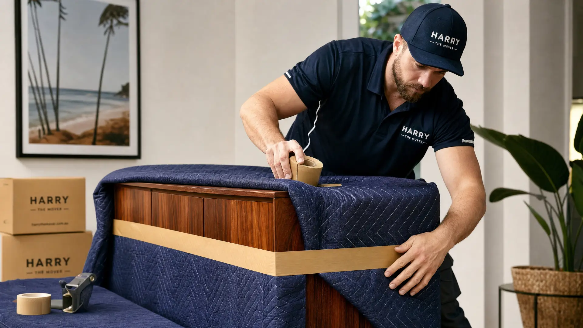 Removalist taping a padded moving blanket around a timber sideboard