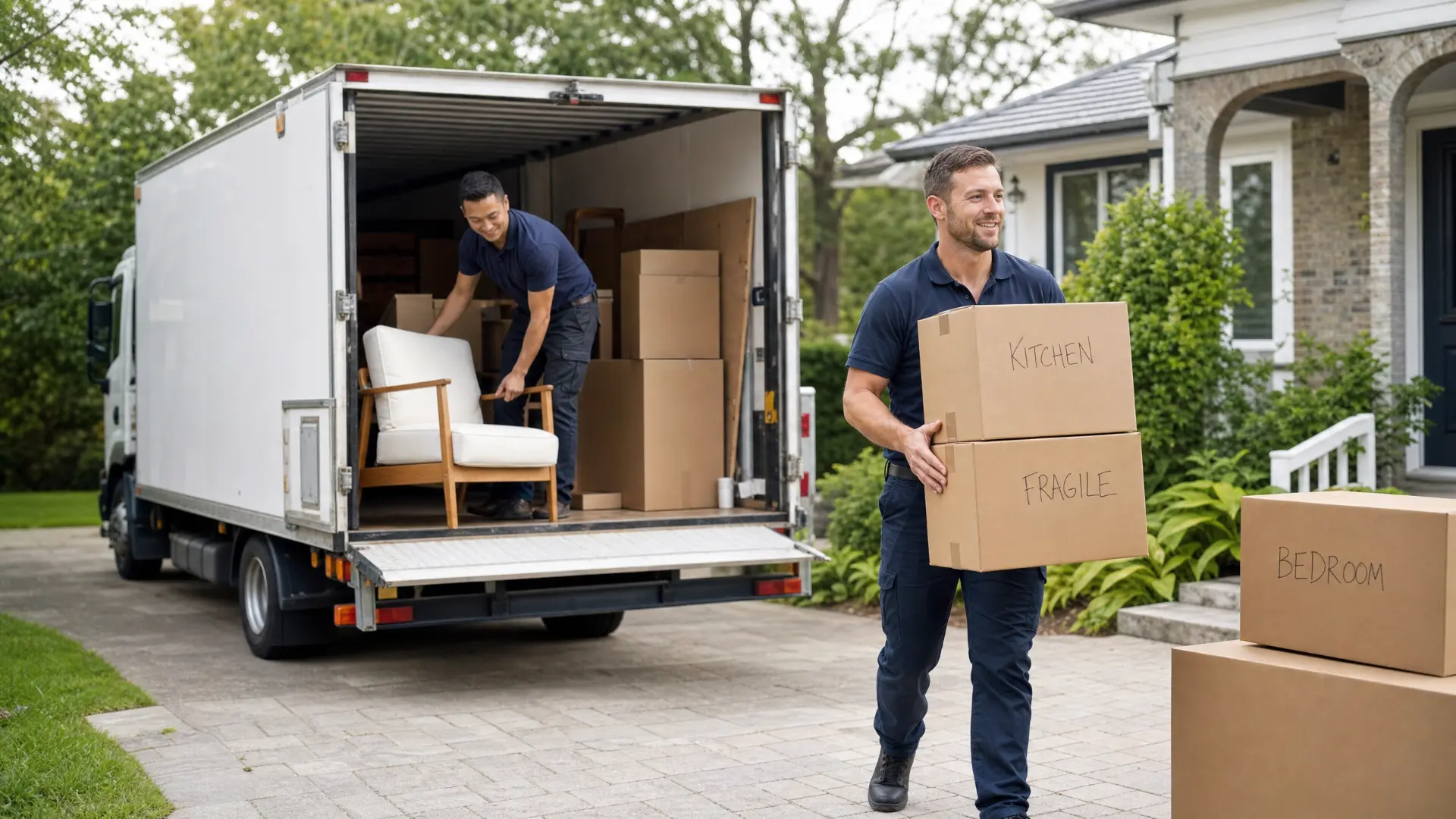 Removalists loading labelled cartons and furniture into a moving truck outside a Hobart house